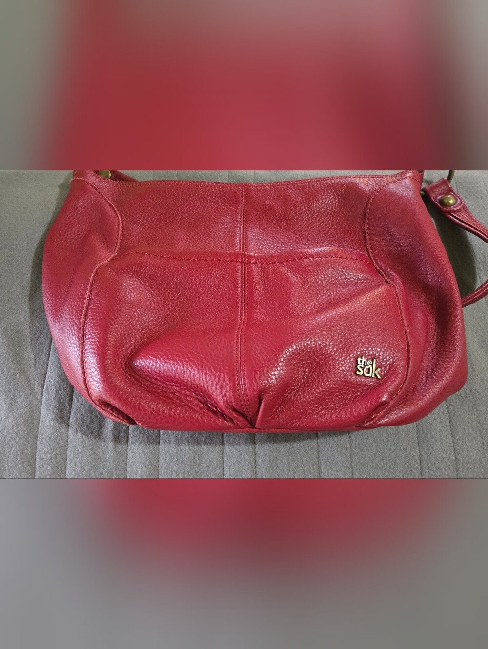The Sak Red Pebbled Leather Hobo Shoulder Bag Purse Zip Top Boho